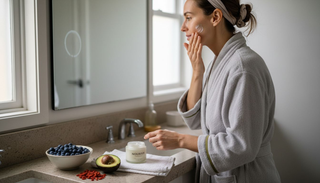 Woman applying skincare with superfoods in bathroom