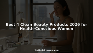 Woman using clean beauty products at bathroom vanity