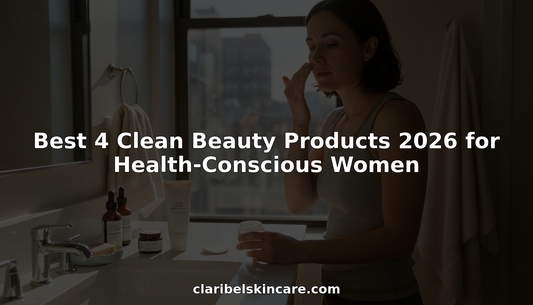 Woman using clean beauty products at bathroom vanity