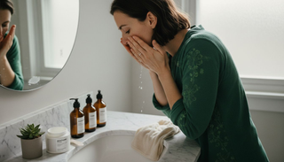 Woman washing face at skincare station
