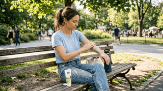 Woman applying sunscreen in sunny city park